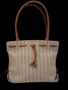 Vintage Dooney And Bourke Striped Tassel Tote Bag Leather Trip Beige & Creme
